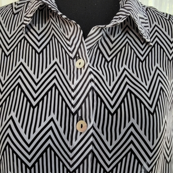 About A Girl B/W Sheer Chevron Button Front Long Sleeve Blouse Size M EUC - Picture 3 of 10